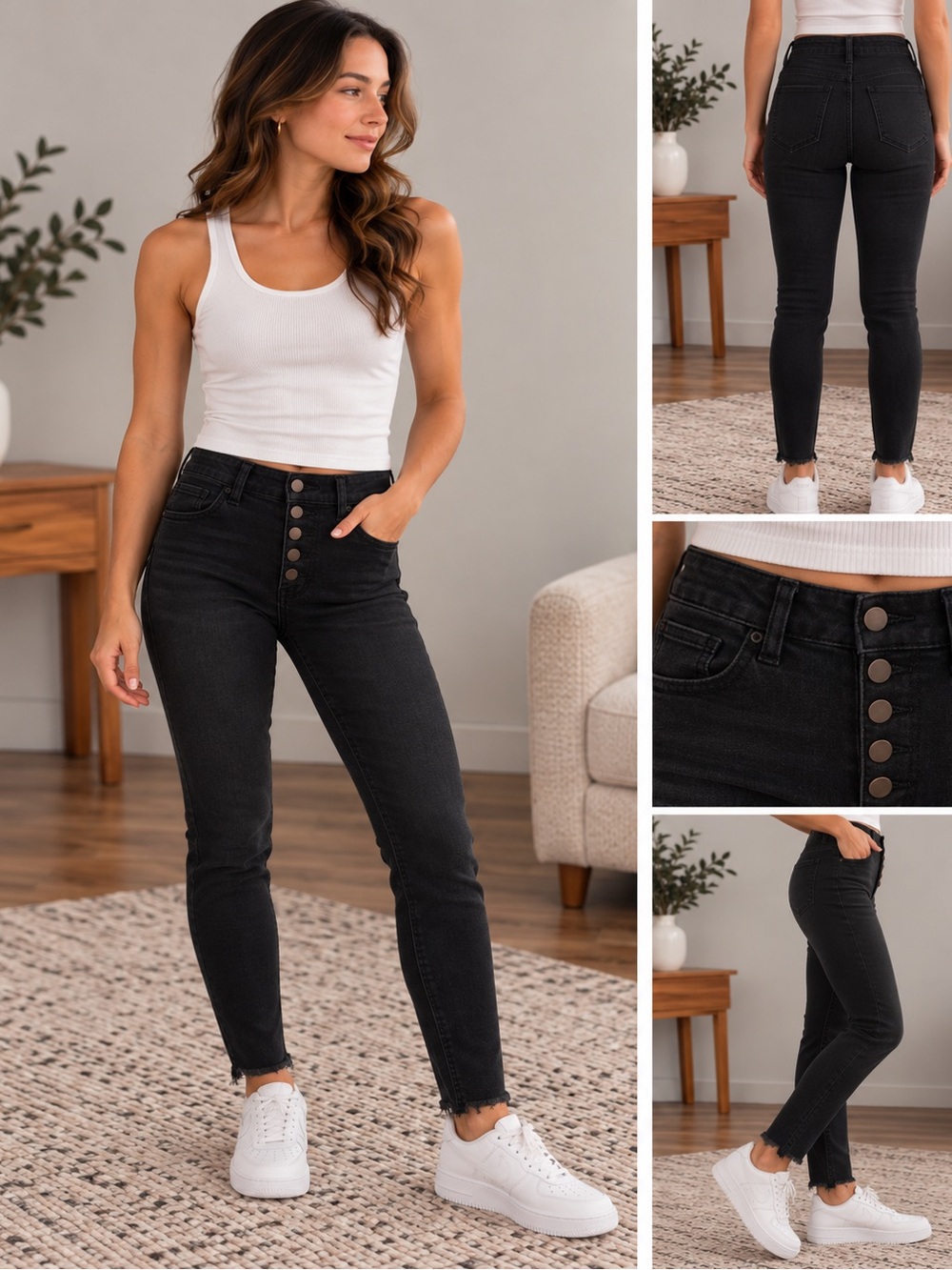 Pink Lily High-Rise Black Button-Fly Skinny Jeans